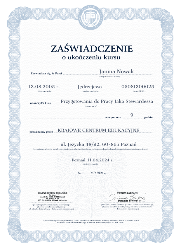 Wzór zaświadczenia o ukończonym kursie przygotowania do pracy jako stewardessa