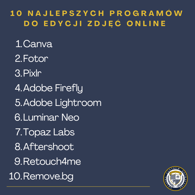 Infografika: 10 Najlepszych programów do edycji zdjęć online - Canva Fotor Pixlr Adobe Firefly Adobe Lightroom Luminar Neo Topaz Labs Aftershoot Retouch4me Remove.bg
