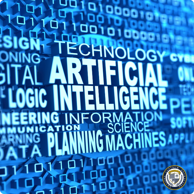 Grafika w odcieniach niebieskiego przedstawiająca chmurę powiązanych terminów technologicznych, gdzie centralne miejsce zajmuje napis 'ARTIFICIAL INTELLIGENCE'. Tło wypełnione jest kodem binarnym (0 i 1), a wokół głównego hasła widoczne są słowa takie jak 'TECHNOLOGY', 'LOGIC', 'INFORMATION', 'SCIENCE', 'PLANNING MACHINES'