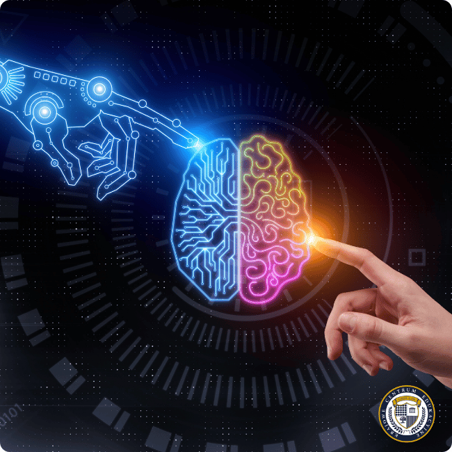 Futurystyczna grafika przedstawiająca świecący mózg podzielony na dwie części - niebieską (technologiczną, z obwodami) i różowo-pomarańczową (organiczną). Ludzka dłoń dotyka mózgu, a w tle widoczne są elementy robotyczne i cyfrowy wzór na ciemnym tle