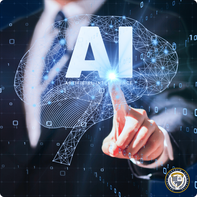 Zasady SEO: Osoba w garniturze dotykająca holograficznego wyświetlacza z napisem 'AI' (Artificial Intelligence) na ciemnym tle z cyfrowymi elementami i siatką połączeń neuronowych w niebieskiej kolorystyce