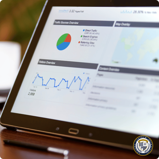 Ekran tabletu pokazujący dashboard analityczny z wykresem kołowym źródeł ruchu oraz wykresem liniowym trendu odwiedzin strony
