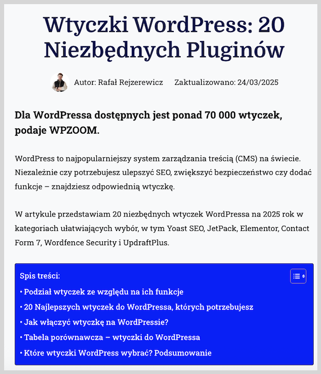 Zrzut ekranu artykułu o wtyczkach na WordPressie
