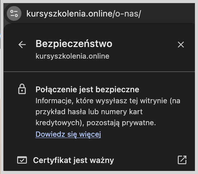 Zrzut ekranu prezentujący informacje, że strona jest bezpieczna i z certyfikatem SSL