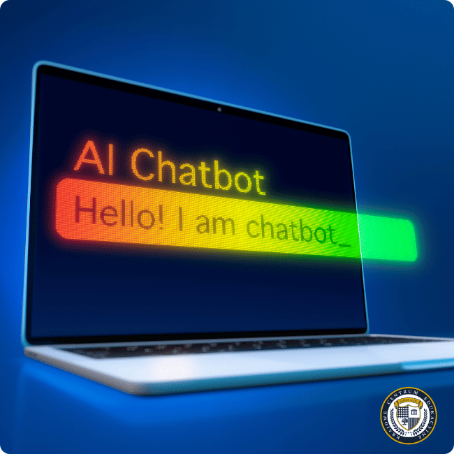 Zdjęcie laptopa na niebieskim tle, na którego ekranie wyświetla się kolorowy napis 'AI Chatbot' oraz wiadomość powitalna 'Hello! I am chatbot' w gradiencie od czerwonego przez żółty do zielonego