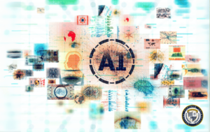 Grafika koncepcyjna przedstawiająca motyw sztucznej inteligencji (AI). W centrum znajduje się duży napis 'AI' w okręgu, otoczony różnorodnymi symbolami technologicznymi, takimi jak profil ludzkiej głowy, mapa świata i elementy kodu. Obraz utrzymany jest w jasnej kolorystyce z dominującymi odcieniami błękitu i bieli, z akcentami czerwieni. Kompozycja zawiera rozproszone, nakładające się na siebie elementy wizualne, symbolizujące różnorodne zastosowania i aspekty sztucznej inteligencji, co pomaga zrozumieć co to jest AI