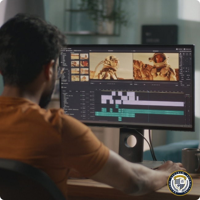 Osoba w pomarańczowej bluzie siedzi przy biurku przed monitorem, na którym wyświetlony jest interfejs programu do edycji wideo. Na ekranie widoczne są dwa kadry przedstawiające astronautę oraz timeline z różnymi ścieżkami montażu. Na biurku znajduje się również filiżanka
