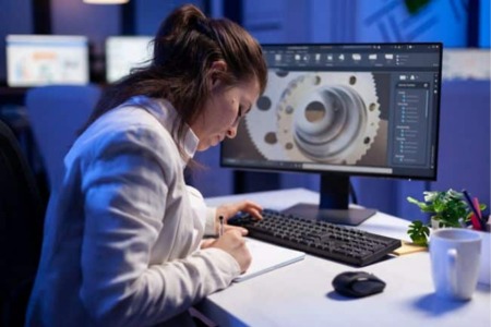 Kobieta w białej bluzie pracuje przy komputerze z wyświetlonym projektem 3D części mechanicznej w programie CAD. Na monitorze widoczny jest szczegółowy model techniczny. Scena ilustruje praktyczne aspekty kursu Inventor online, pokazując rzeczywiste zastosowanie programu w projektowaniu inżynierskim