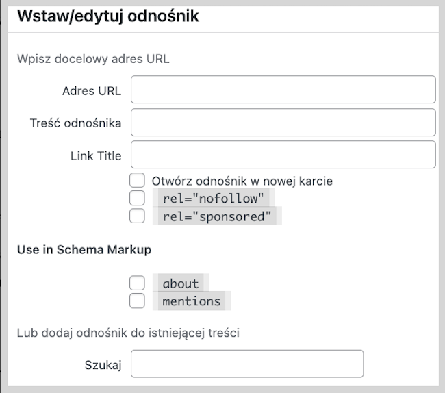 Zrzut ekranu "wstaw/edytuj odnośnik" hiperłączy wpisu na WordPressie