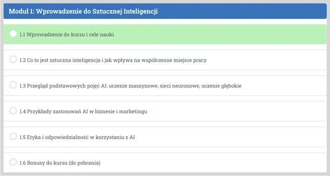 Zrzut ekranu platformy edukacyjnej kursu AI od środka
