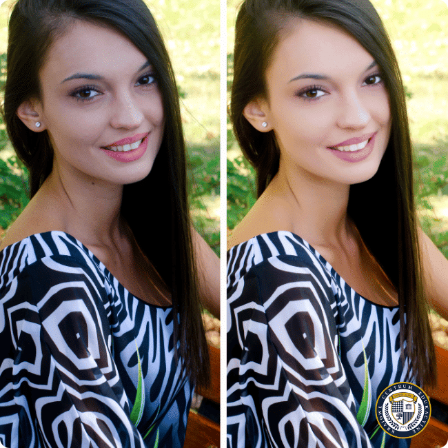 Efekt retuszu portretowego z użyciem AI - po lewej oryginalne zdjęcie młodej kobiety w zeberkowej bluzce, po prawej ta sama fotografia po retuszu z wygładzoną skórą i zwiększonym kontrastem