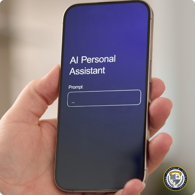 Zbliżenie na ekran smartfona pokazujący interfejs asystenta AI z polem do wpisywania promptu na granatowym tle. W prawym dolnym rogu logo KCE.