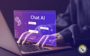 Ekran laptopa pokazujący interfejs aplikacji Chat AI z dymkami konwersacji i ikoną AI na fioletowym tle. Widoczne są dłonie użytkownika piszącego na klawiaturze. W prawym dolnym rogu znajduje się logo instytucji.