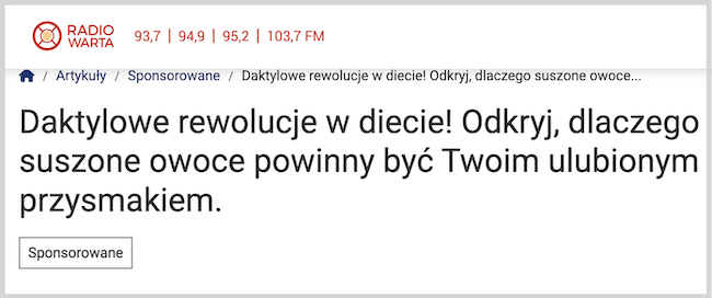Zrzut ekranu artykułu z oznaczeniem sponsorowane + tytuł