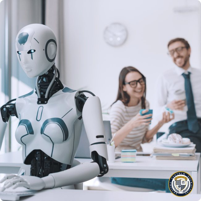 Humanoidalny robot AI w jasnym biurze współpracuje ze specjalistami AI - kobietą i mężczyzną, którzy z uśmiechem analizują wyniki jego pracy