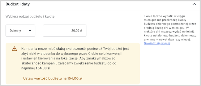 Zrzut ekranu ustawianie budżetu w Google Ads