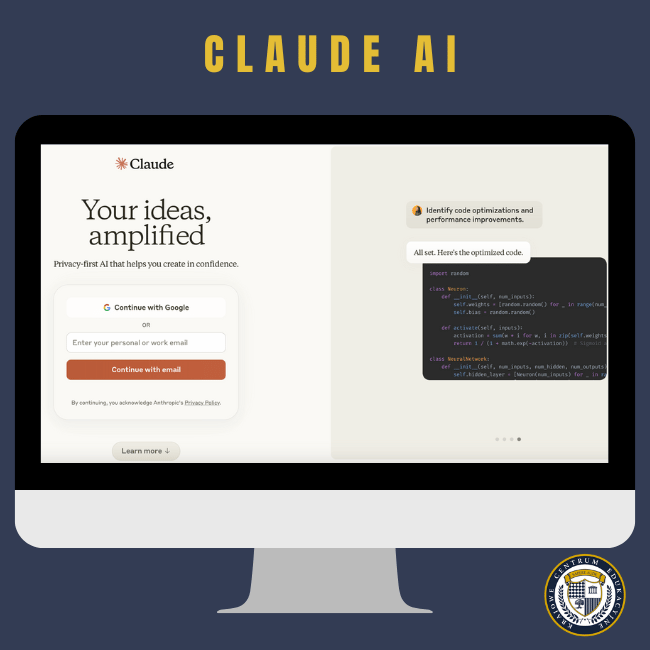 Ekran komputera pokazujący stronę startową Claude AI z hasłem 'Your ideas, amplified', przyciskiem logowania przez Google, polem do wpisania e-maila oraz przykładowym kodem w prawej części interfejsu, na granatowym tle z żółtym nagłówkiem