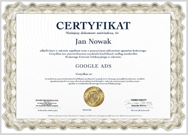 Zrzut ekranu certyfikatu Google Ads z Krajowego Centrum Edukacyjnego