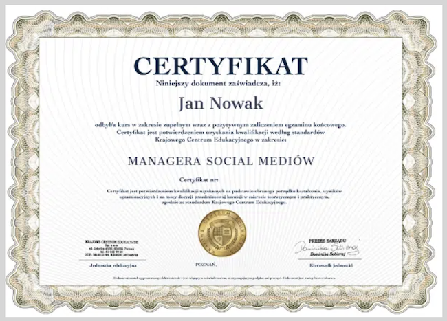 Zrzut ekranu certyfikatu ukończenia kursu social media manager w Krajowym Centrum Edukacyjnym