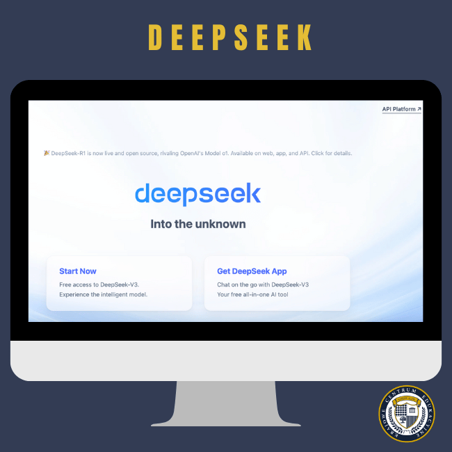 Monitor komputera wyświetlający stronę główną DeepSeek z niebieskim logo, hasłem 'Into the unknown' oraz dwoma przyciskami: 'Start Now' i 'Get DeepSeek App', na granatowym tle z żółtym nagłówkiem