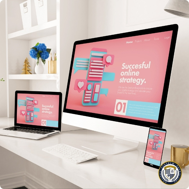 Minimalistyczne biurko z wyświetloną prezentacją 'Successful online strategy' na trzech urządzeniach: monitorze, laptopie i smartfonie, z dekoracyjnymi elementami jak niebieskie hortensje w białym wazonie i złota choinka.
