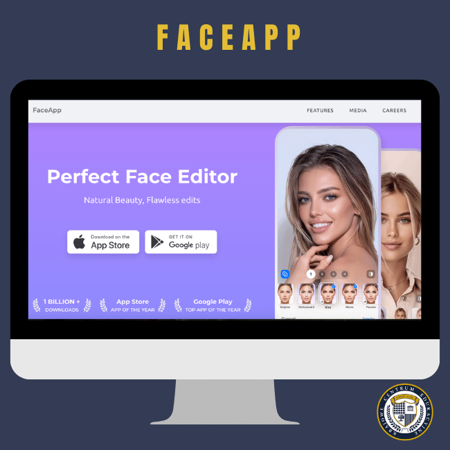 Monitor wyświetlający stronę główną FaceApp z fioletowym tłem, napisem 'Perfect Face Editor', przyciskami do pobrania z App Store i Google Play oraz przykładowymi zdjęciami prezentującymi możliwości edycji twarzy w aplikacji