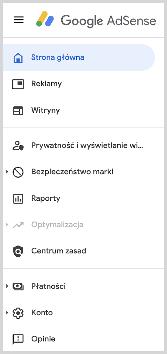 Zrzut ekranu panelu administracyjnego po lewej stronie Google AdSense