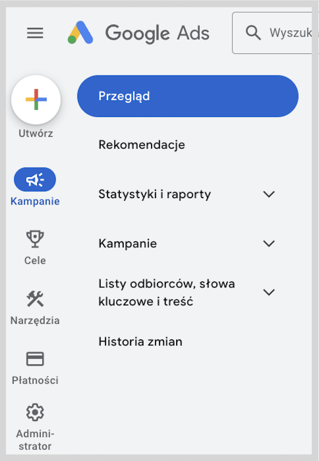 Zrzut ekranu panelu administracyjnego z Google Ads