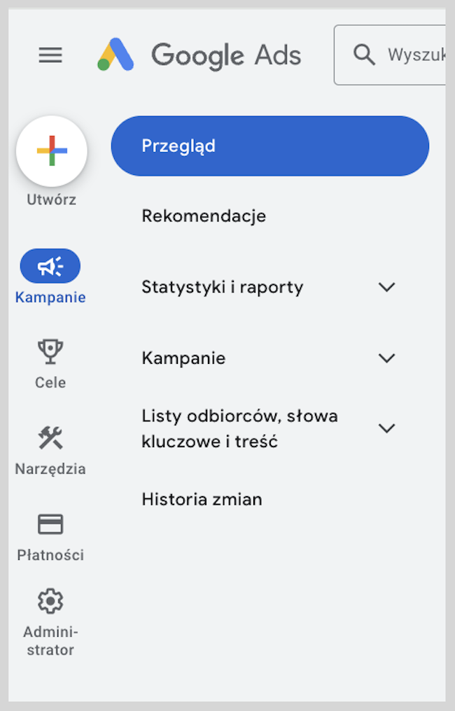 Zrzut ekranu Google Ads - panelu administracyjnego po lewej stronie