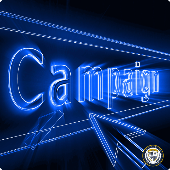 Neonowy niebieski napis 'Campaign' ze strzałką kursora - wizualizacja tworzenia kampanii reklamowej w Google Ads