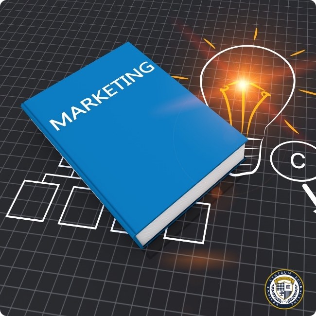 Zdjęcie przedstawia niebieską książkę o marketingu leżącą na siatce w tle, obok świecącej żarówki symbolizującej kreatywność i innowację w dziedzinie marketingu. Grafika ilustruje koncepcję wiedzy i pomysłów w strategiach marketingowych, z elementami graficznymi sugerującymi połączenia i przepływ informacji.