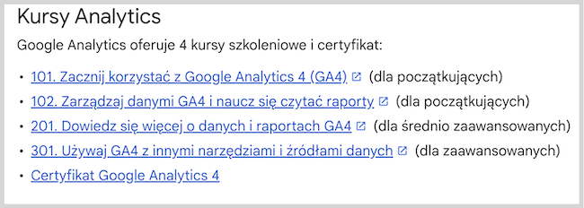 Zrzut ekranu przedstawiający "Google Analytics oferuje 4 kursy szkoleniowe i certyfikat"