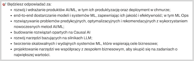 Zrzut ekranu obowiązków przykładowego ogłoszenia na stanowisko Machine Learning Engineer - obowiązki 