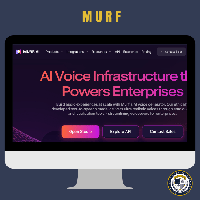 Monitor wyświetlający stronę główną Murf.AI z ciemnym interfejsem, różowo-czerwonym nagłówkiem 'AI Voice Infrastructure that Powers Enterprises', opisem funkcjonalności oraz trzema przyciskami: 'Open Studio', 'Explore API' i 'Contact Sales'