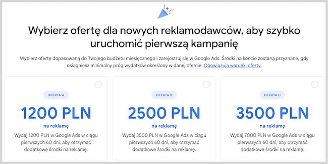 Oferta dla nowych reklamodawców google ads - pakiety