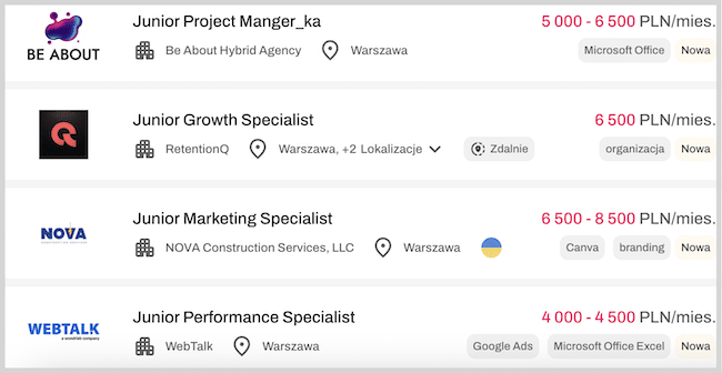 Zrzut ekranu ofert na młodszego specjalisty marketingu