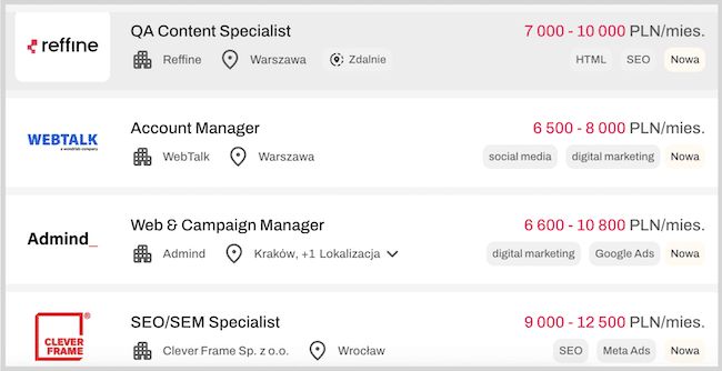 Zrzut ekranu ofert dla specjalisty marketingu