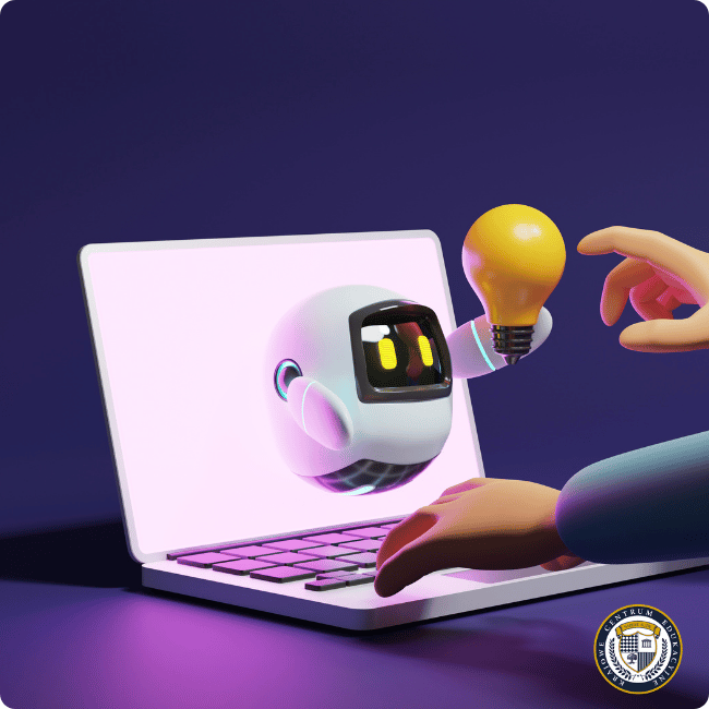 Animowana ilustracja przedstawiająca laptopa z wyświetlającą się na ekranie głową przyjaznego robota AI, obok której unosi się żółta żarówka symbolizująca pomysł. Osoba pracuje na laptopie w fioletowym oświetleniu.