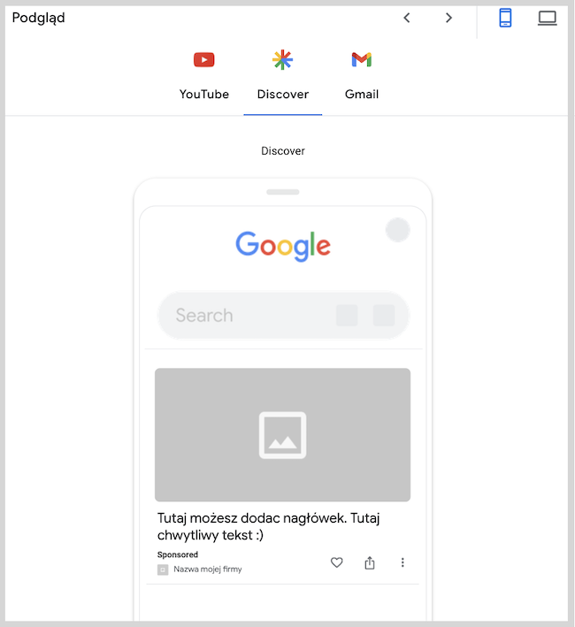 Zrzut ekranu podglądu ustawionej reklamy w Google Ads