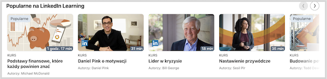 Zrzut ekranu popularnych kursów na linkedin learning