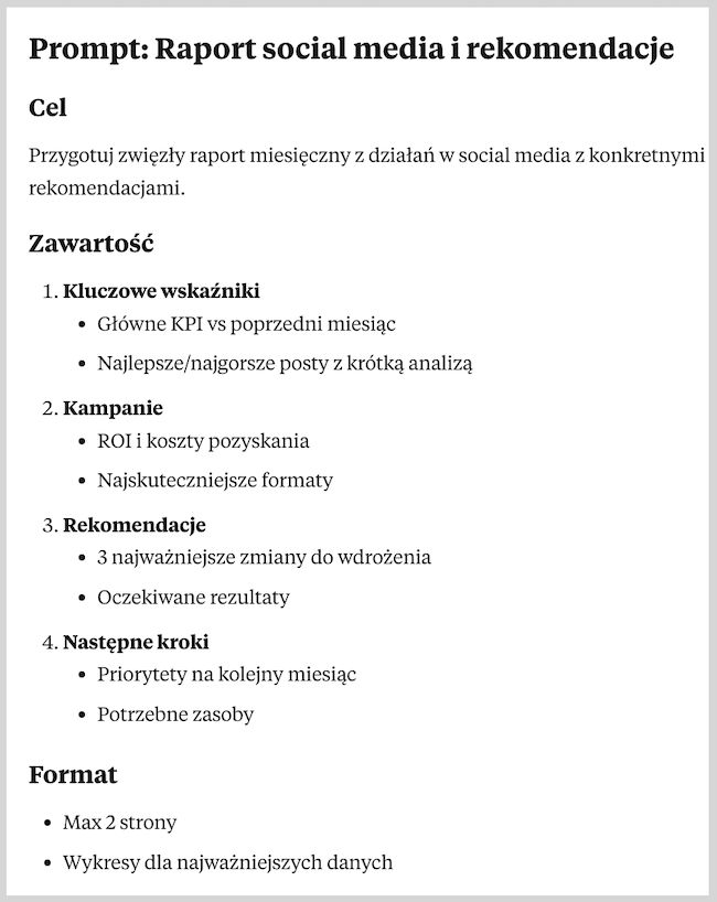 Zrzut ekranu prompta wygenerowanego z Clauda na temat raportu social media i rekomendacji