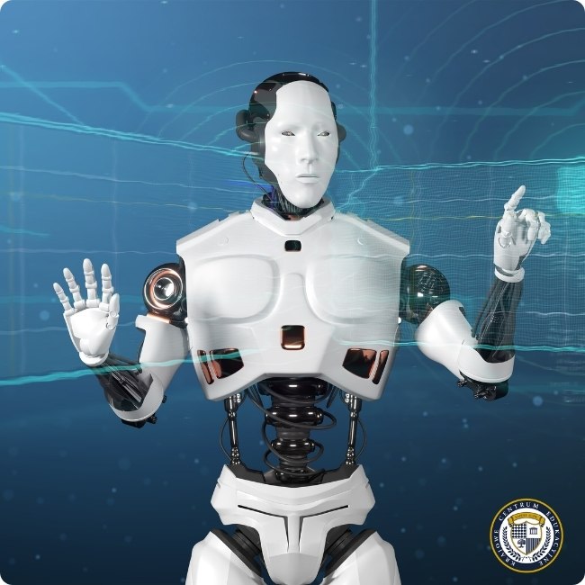 Biało-czarny robot humanoidalny z uniesionymi rękami na niebieskim tle technologicznym