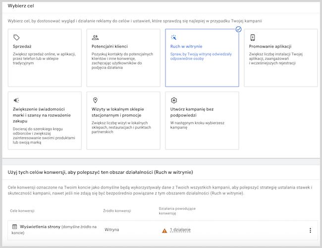 Zrzut ekranu z Google Ads - typ kampanii: ruch w witrynie