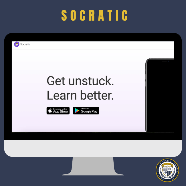 Monitor komputera pokazujący stronę główną aplikacji Socratic z minimalistycznym projektem, hasłami 'Get unstuck. Learn better.' oraz ikonami sklepów App Store i Google Play na jasnym tle, z żółtym nagłówkiem 'SOCRATIC' u góry