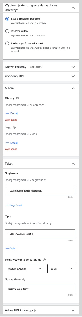 Zrzut ekranu ustawienia reklamy na Google Ads