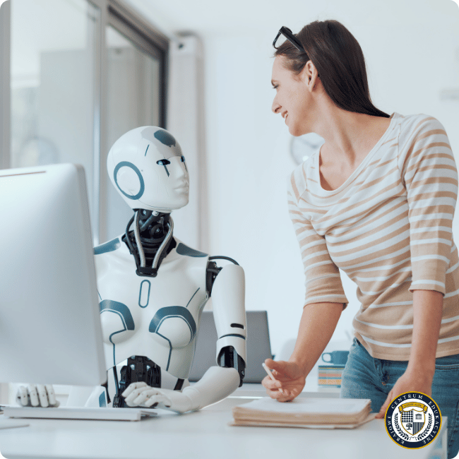 Specjalista AI w postaci uśmiechniętej kobiety w pasiastej bluzce współpracuje z humanoidalnym robotem przy biurku w jasnym, nowoczesnym biurze