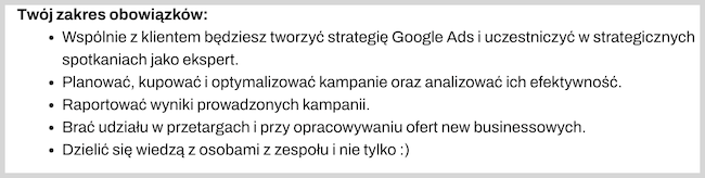 Zrzut ekranu zakresu obowiązków Seniora SSM