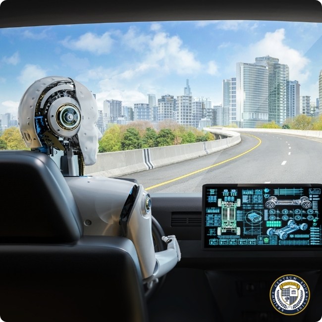 Kokpit autonomicznego pojazdu z robotycznym kierowcą i wyświetlaczem cyfrowym, pokazujący zastosowanie sztucznej inteligencji w transporcie