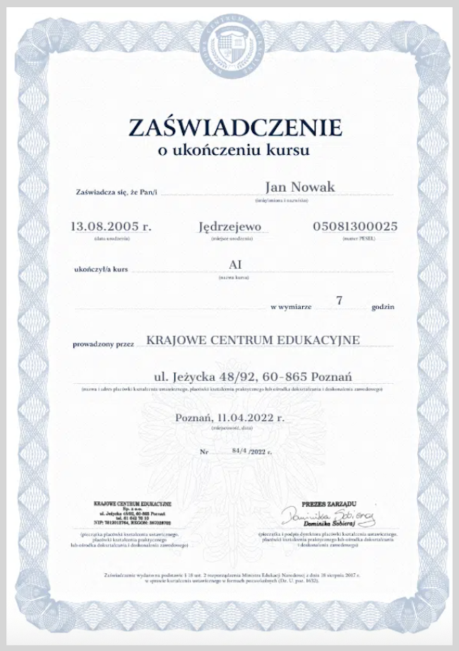 Zrzut ekranu przykładowego zaświadczenia MEN o ukończonym kursie AI