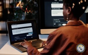 Osoba korzysta z generatora tekstu AI na laptopie, widoczne są dwa ekrany pokazujące interfejs z polami do wprowadzania nazwy generacji i opisu obrazu. Na monitorze widać przykładowy prompt o tematyce magicznego lasu.